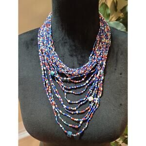 Women's Multilayer Beaded Necklace Blue Red White Handmade African Style Jewelry